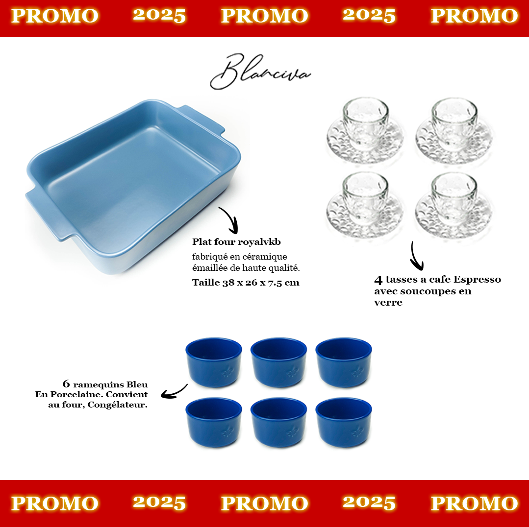 PACK 8 / Plat four + 6 RAMEQUIN BLEU + 4 Tasses a Cafe guzzini