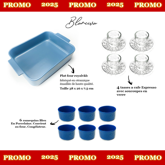 PACK 8 / Plat four + 6 RAMEQUIN BLEU + 4 Tasses a Cafe guzzini